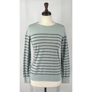 LOFT Outlet Women Mint Green Silver Metallic Striped Cotton Knit Sweater Size S